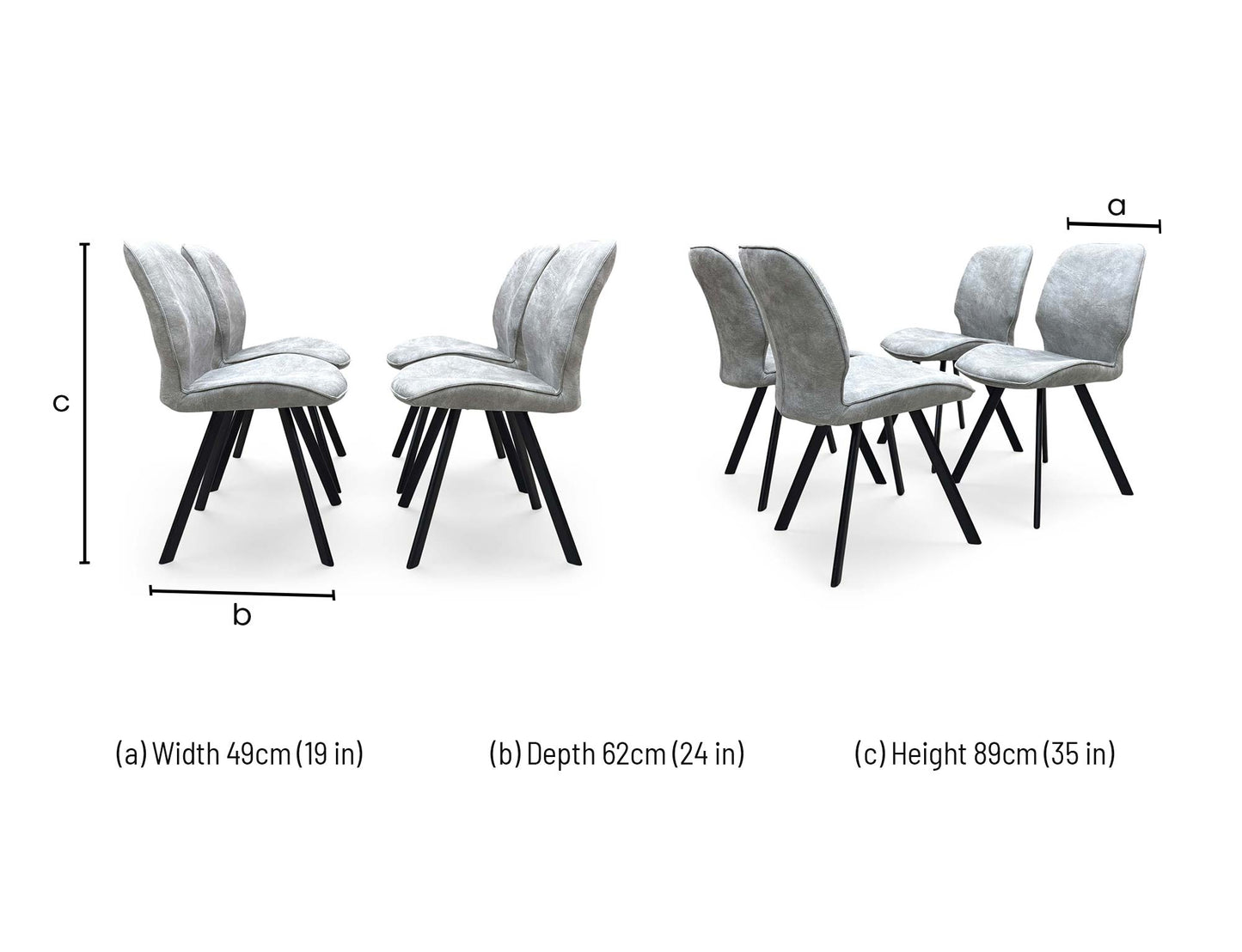 dimensions for a single Furniture Village ‘Montreal’ Grey Velvet Fixed Dining Chair.