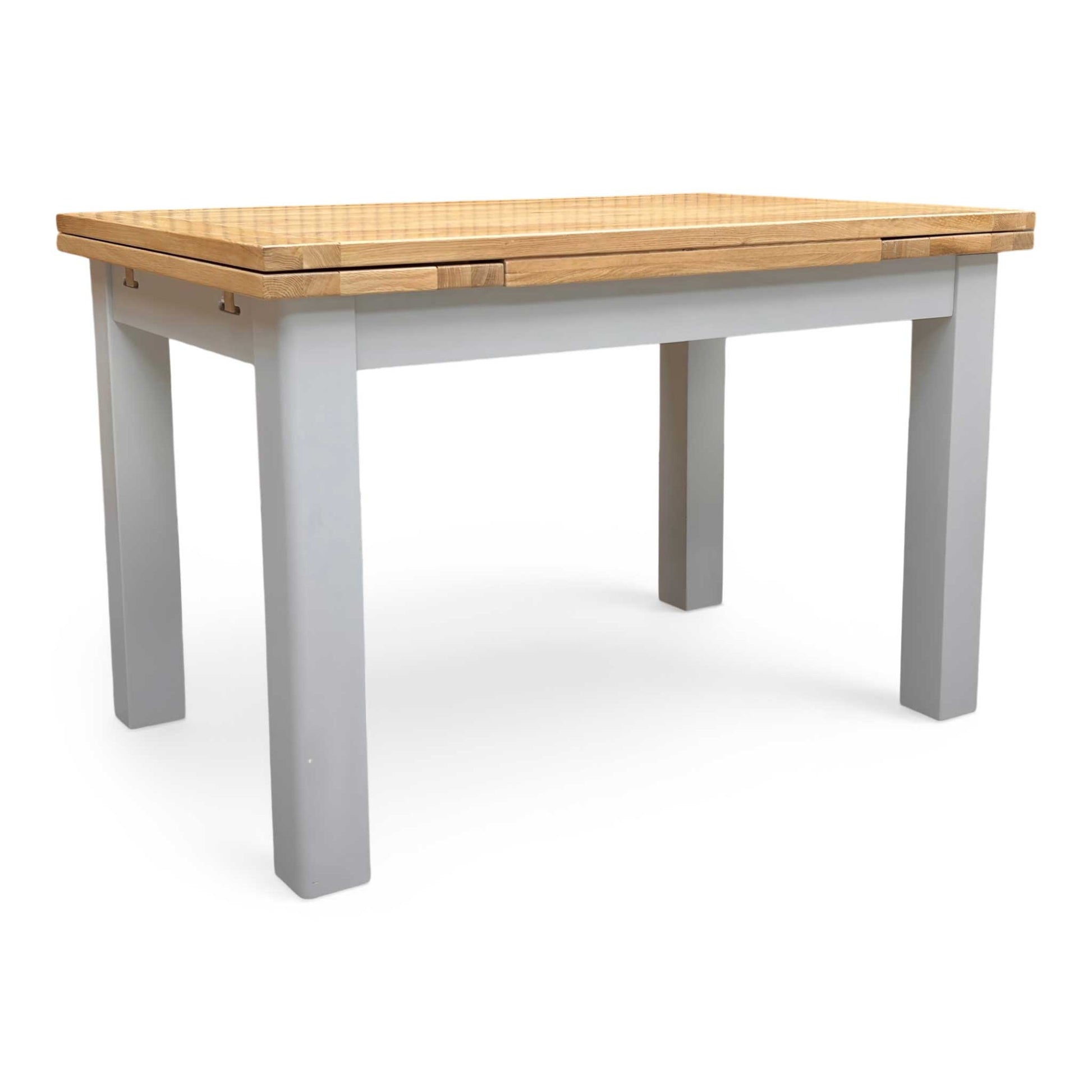 Side view of the Lewis table in its fully extended position, illustrating how the two end leaves pull out to increase the seating capacity for guests.