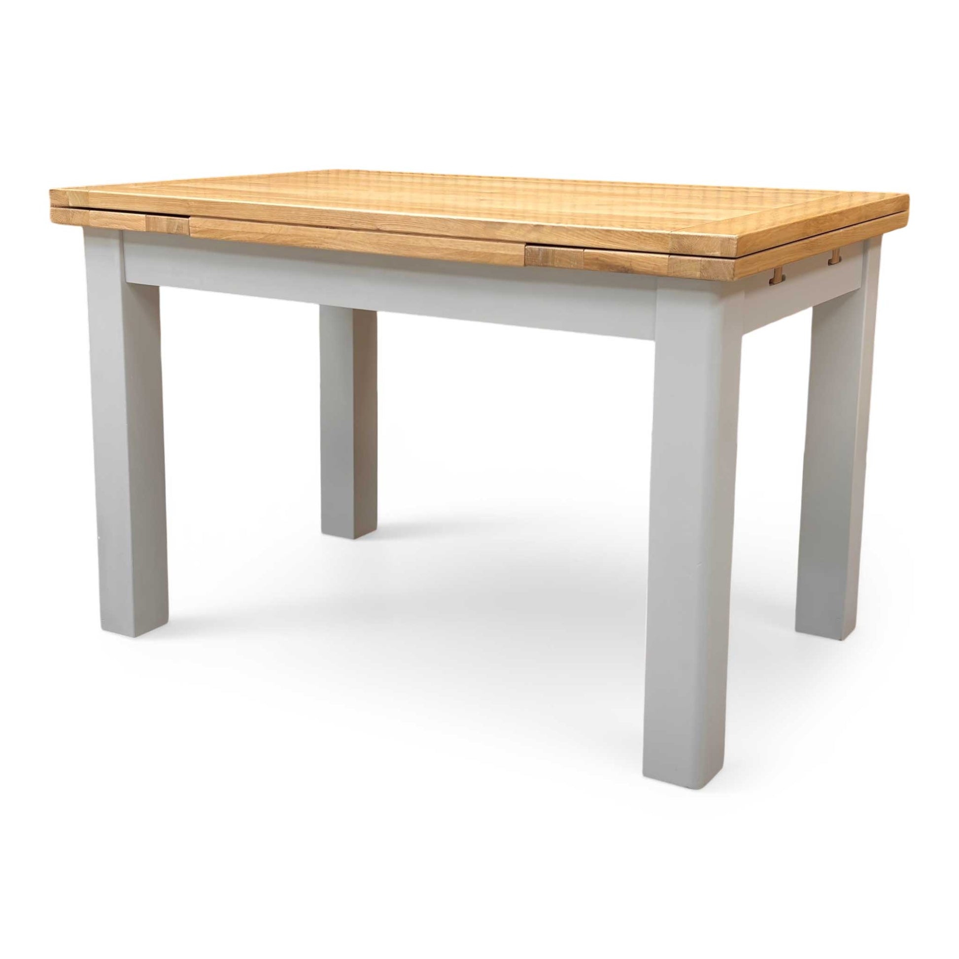 Side profile of the dining table, showcasing the clean, straight lines and the space-saving functionality of the draw-leaf system.