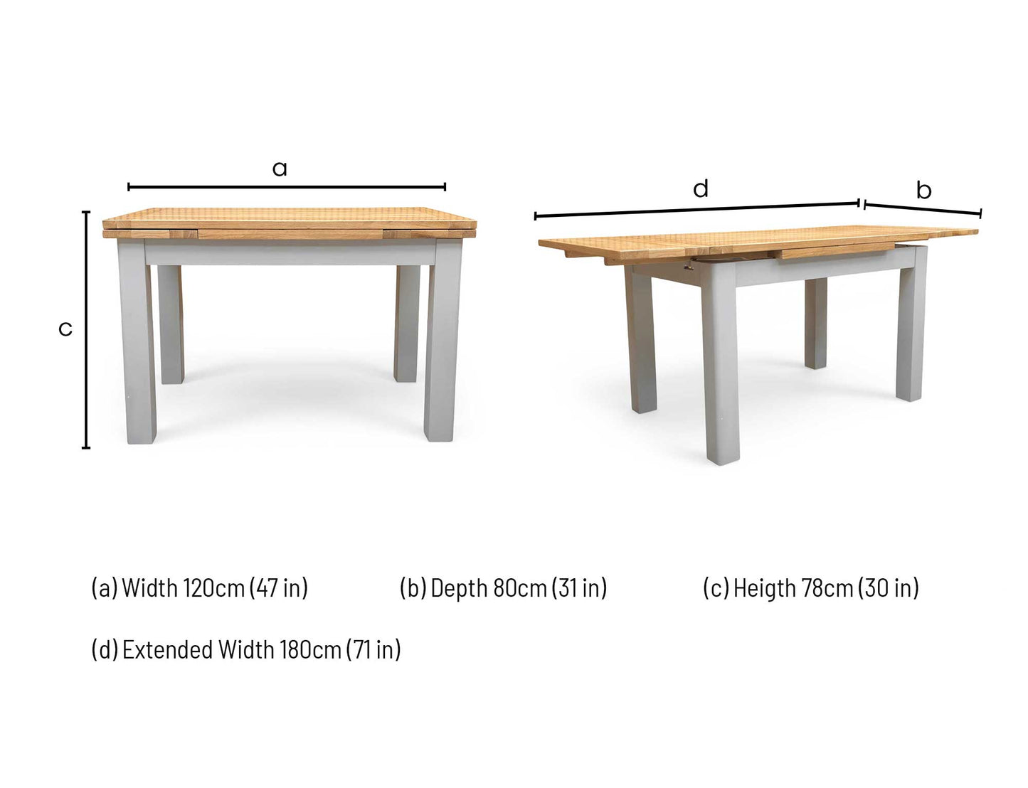 Technical dimension diagram for the ‘Lewis’ Solid Oak 120cm Extending Dining Table: Width 120cm (Extends to 200cm), Depth 85cm, Height 78cm.