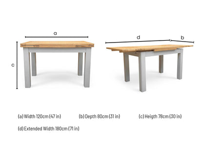 Technical dimension diagram for the ‘Lewis’ Solid Oak 120cm Extending Dining Table: Width 120cm (Extends to 200cm), Depth 85cm, Height 78cm.