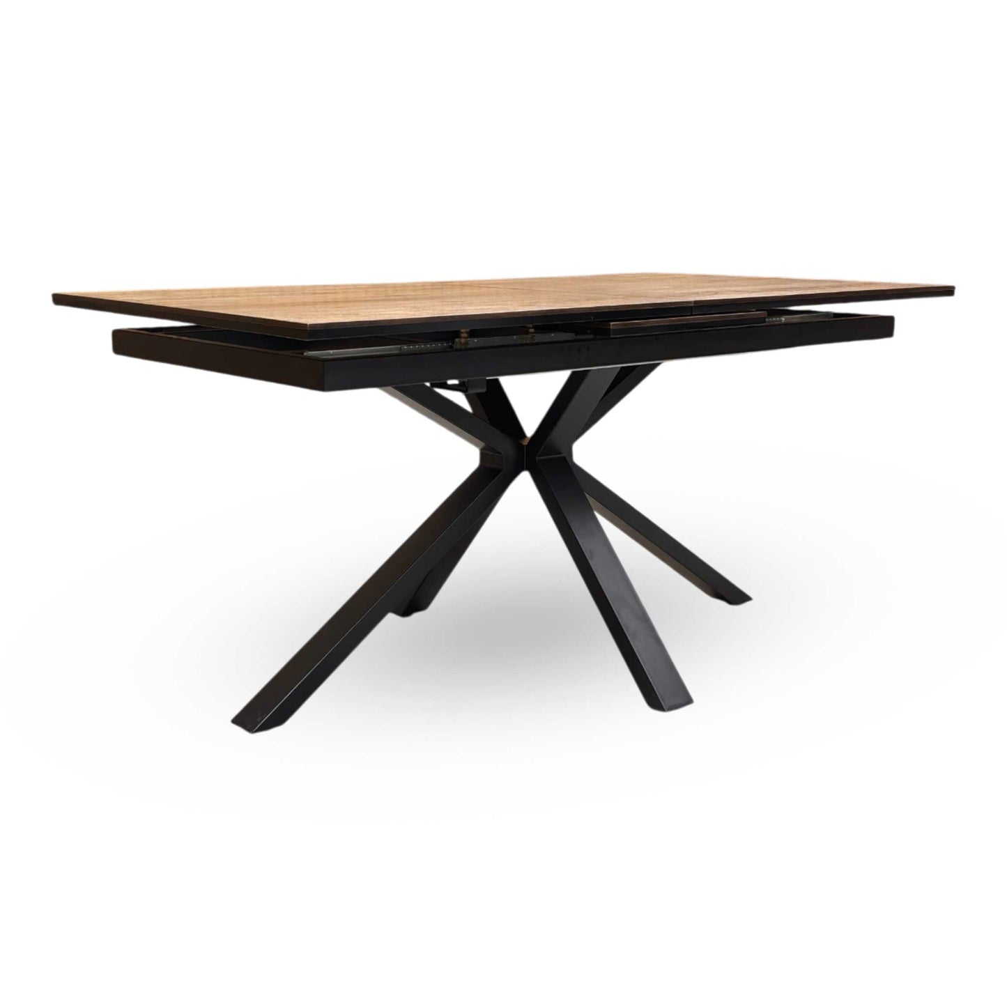 Side view of the table in its extended state, illustrating its capacity to seat up to 8 diners in comfort.