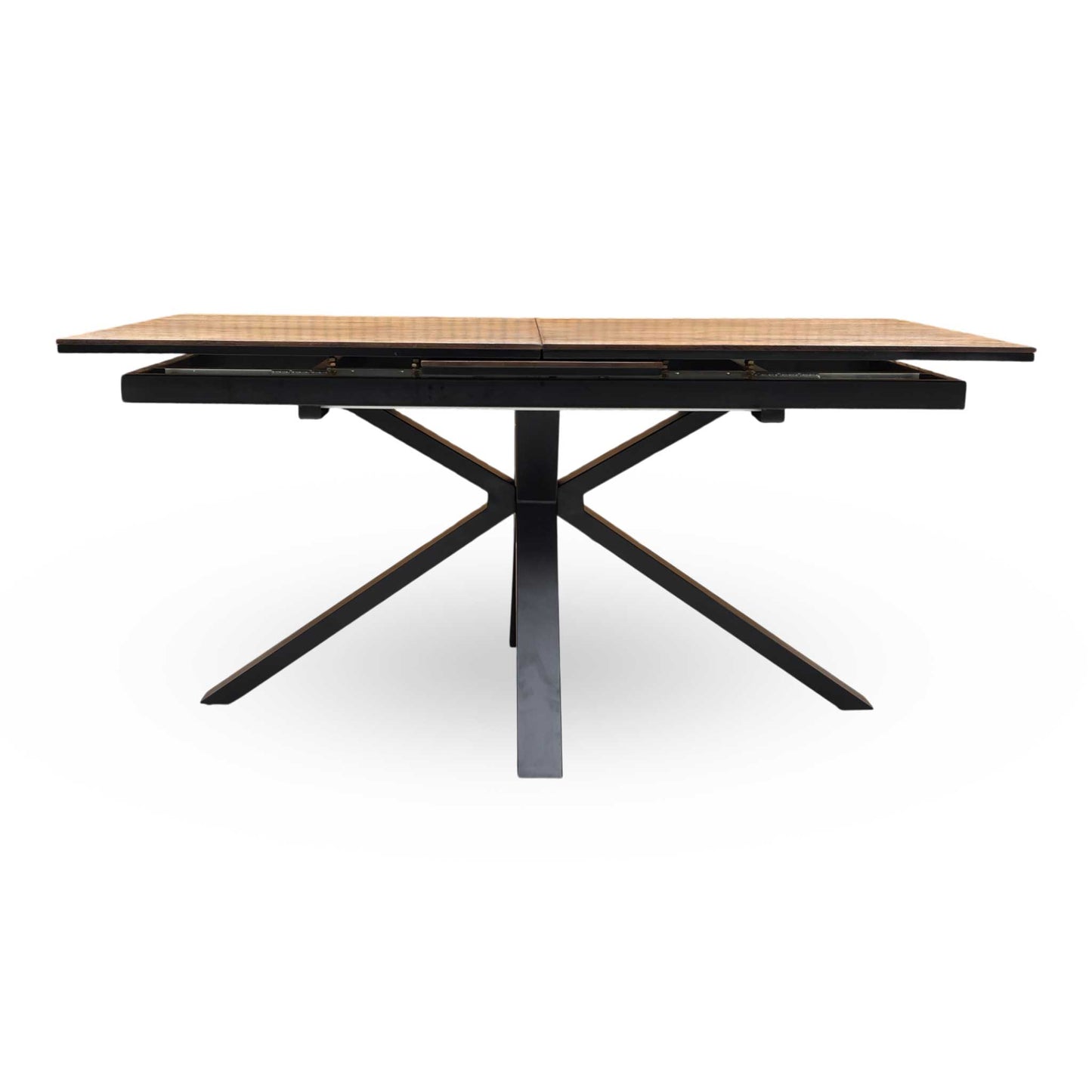 Front view of the 160cm rectangular dining table, highlighting the characterful wire-brushed oak veneer surface and modern lacquered finish.