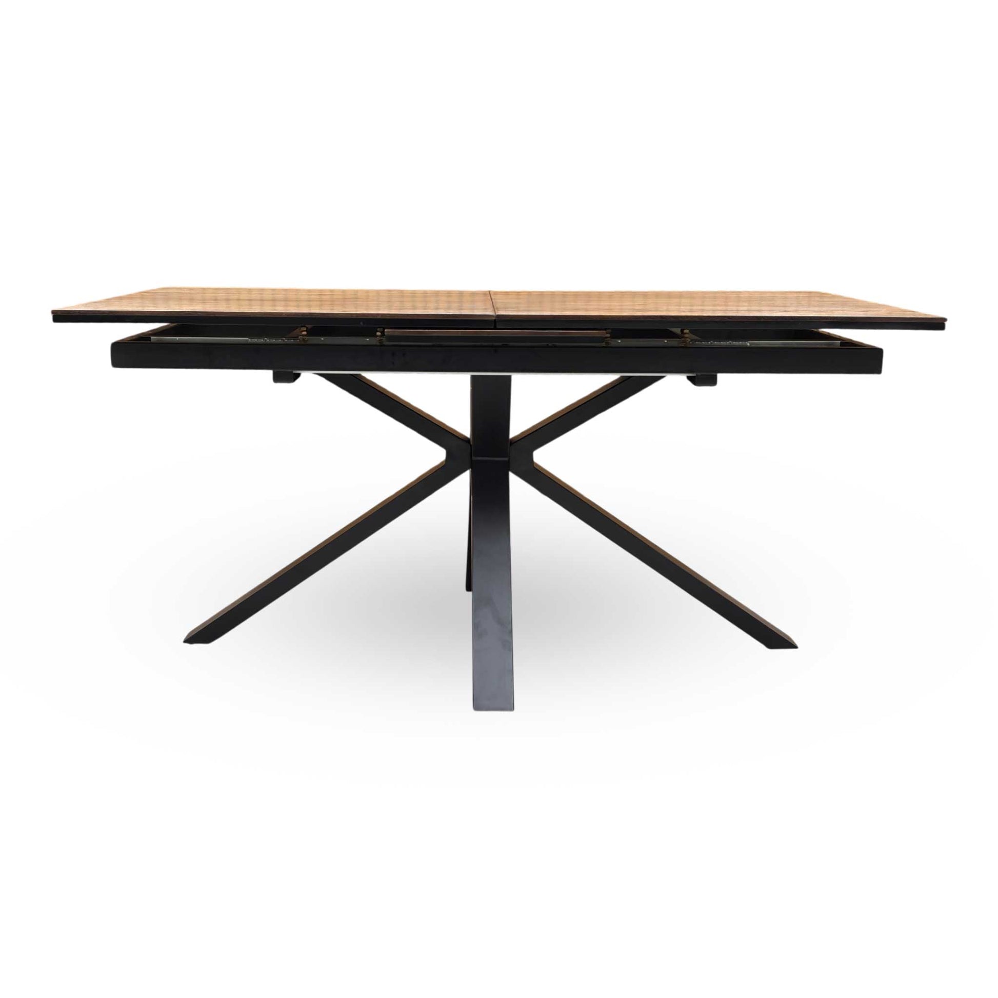 Front view of the 160cm rectangular dining table, highlighting the characterful wire-brushed oak veneer surface and modern lacquered finish.