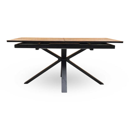 Front view of the 160cm rectangular dining table, highlighting the characterful wire-brushed oak veneer surface and modern lacquered finish.