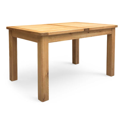 Side view  of the sturdy square legs and understated design, emphasizing the table's high-quality construction and modern country aesthetic.