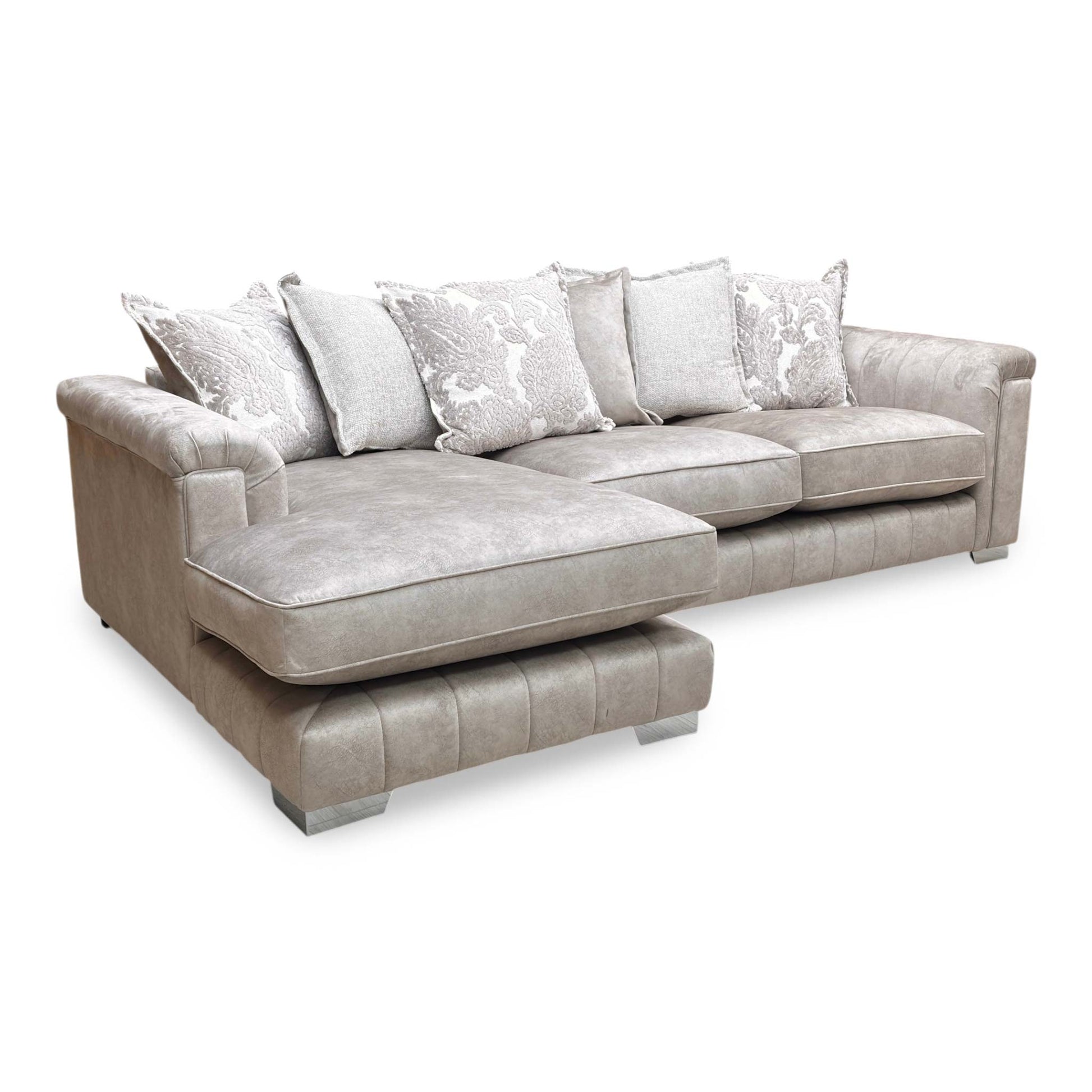 Side profile of the sofa, emphasizing the deep seating and the extended chaise section designed for lounging.