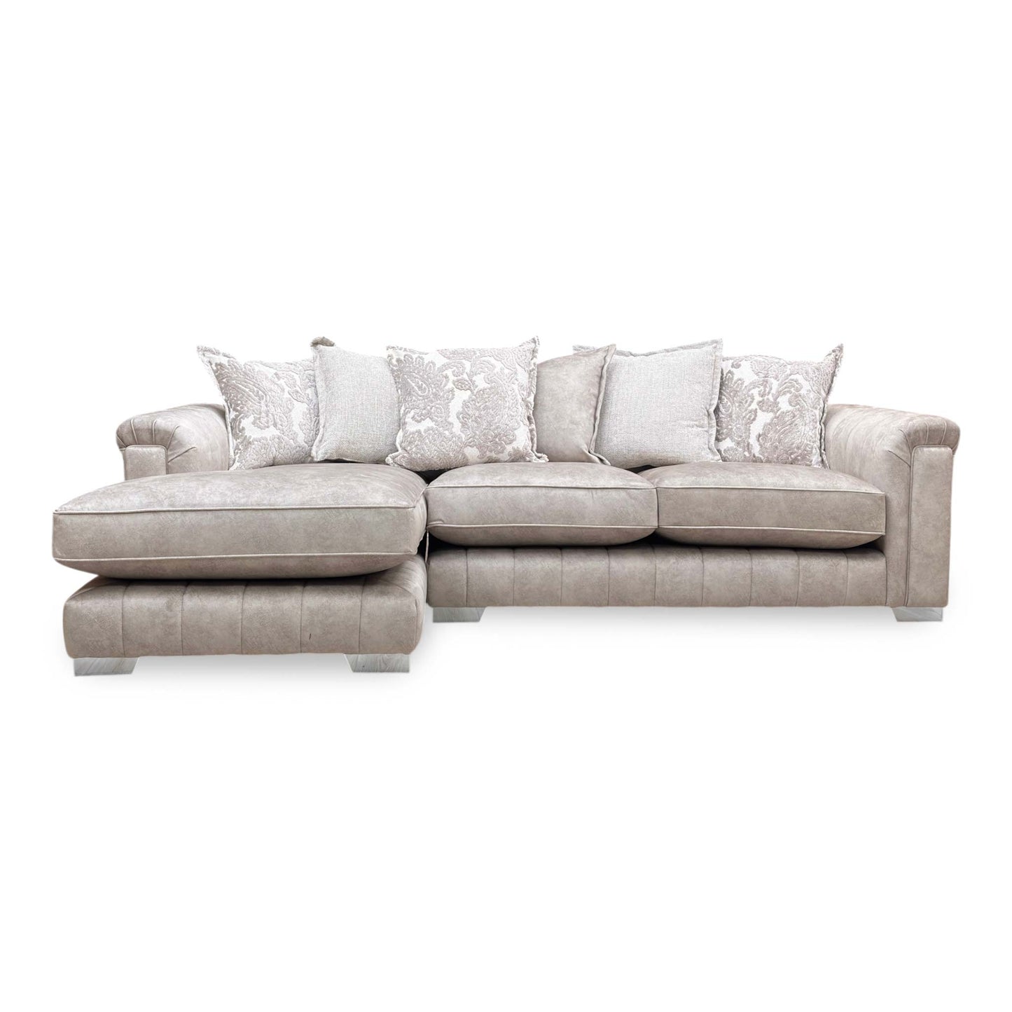 Front view of the oatmeal Dolcie chaise sofa, highlighting the relaxed pillow back design and the left-hand oriented chaise.