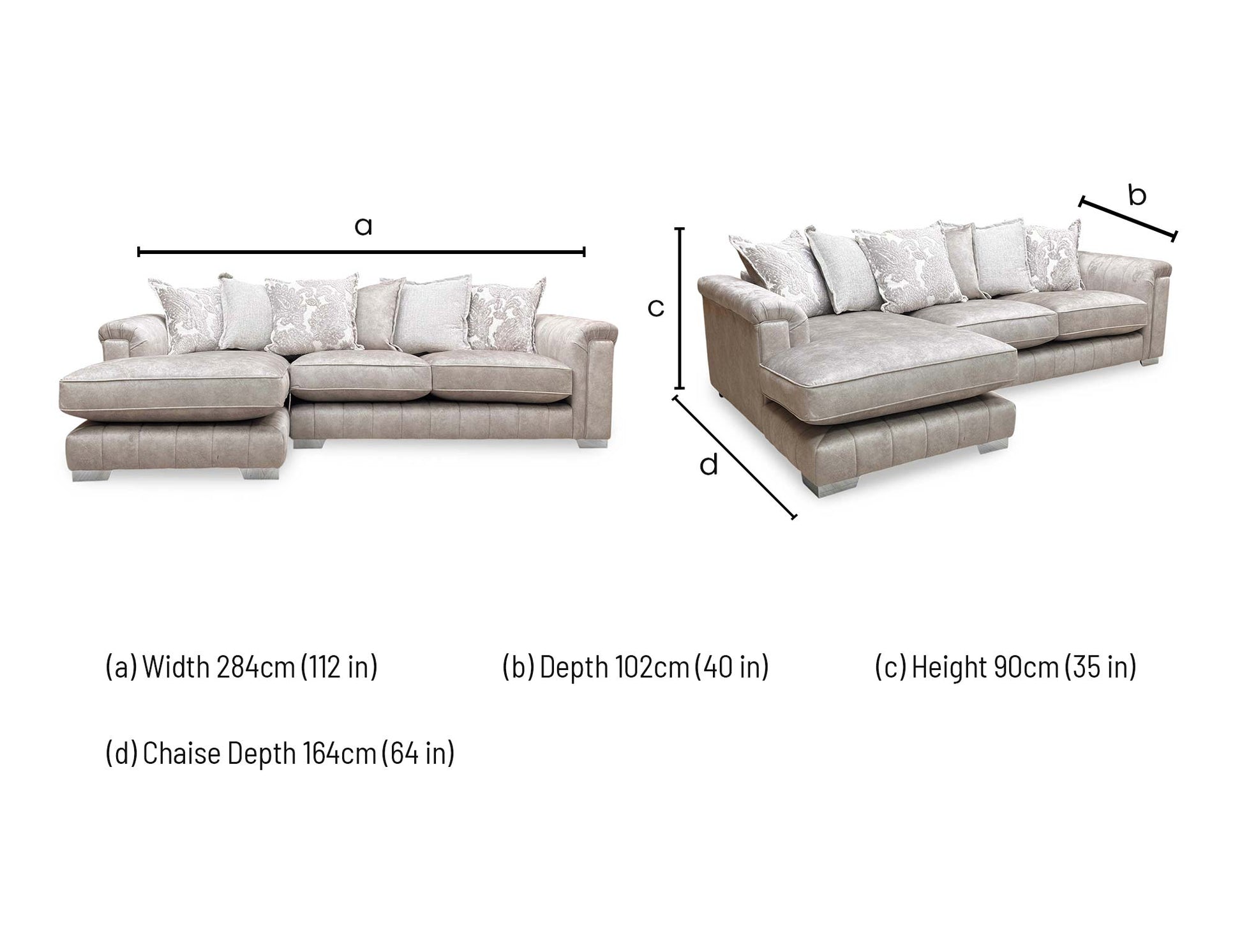 Dimensions diagram for the Dolcie 3 seat chaise sofa.