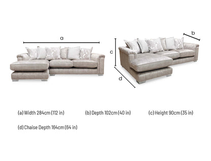 Dimensions diagram for the Dolcie 3 seat chaise sofa.
