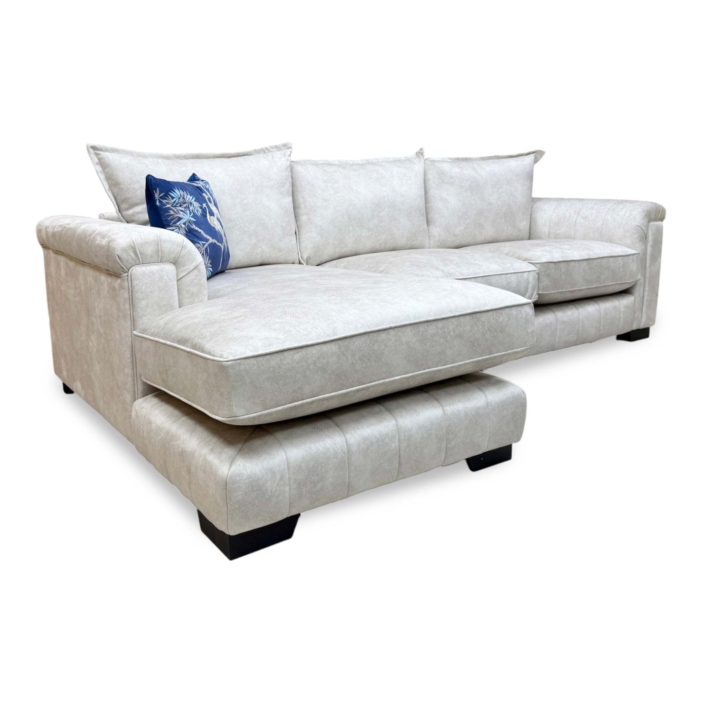 Side view of the sofa's armrest (72cm height) and quality fabric finish, showcasing the craftsmanship behind this DFS excess stock piece.