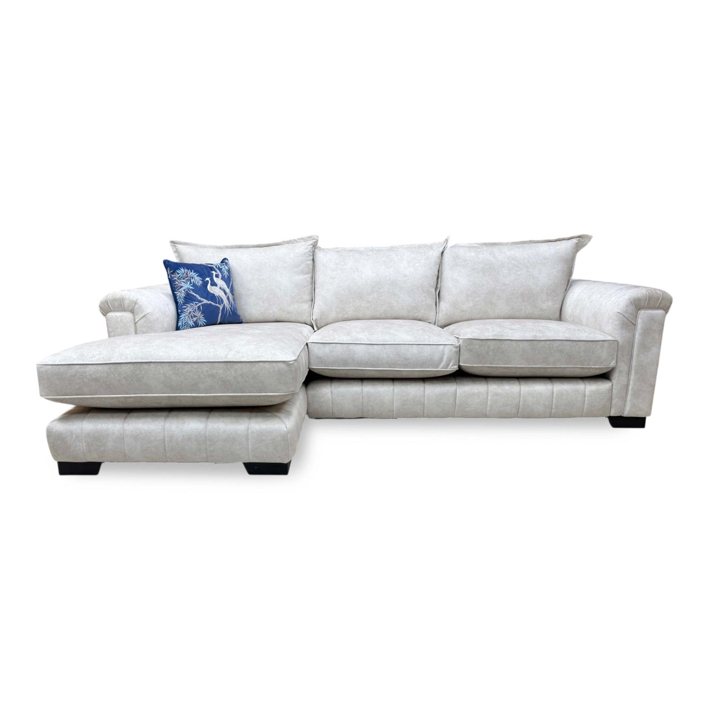 Front view of the Dolcie formal back sofa, showcasing the three-seat layout and sophisticated cream upholstery that complements modern interiors.