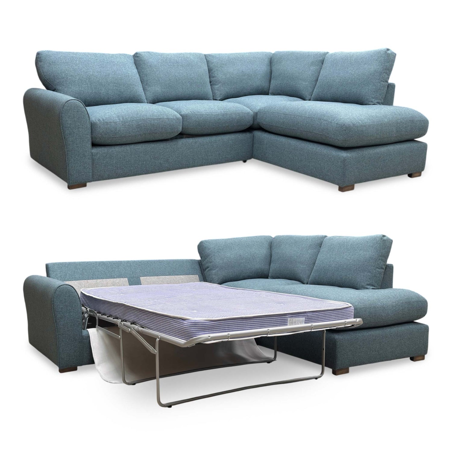 Full view of a contemporary Arez left-hand facing corner sofa bed upholstered in vibrant teal fabric, featuring an open-end design.