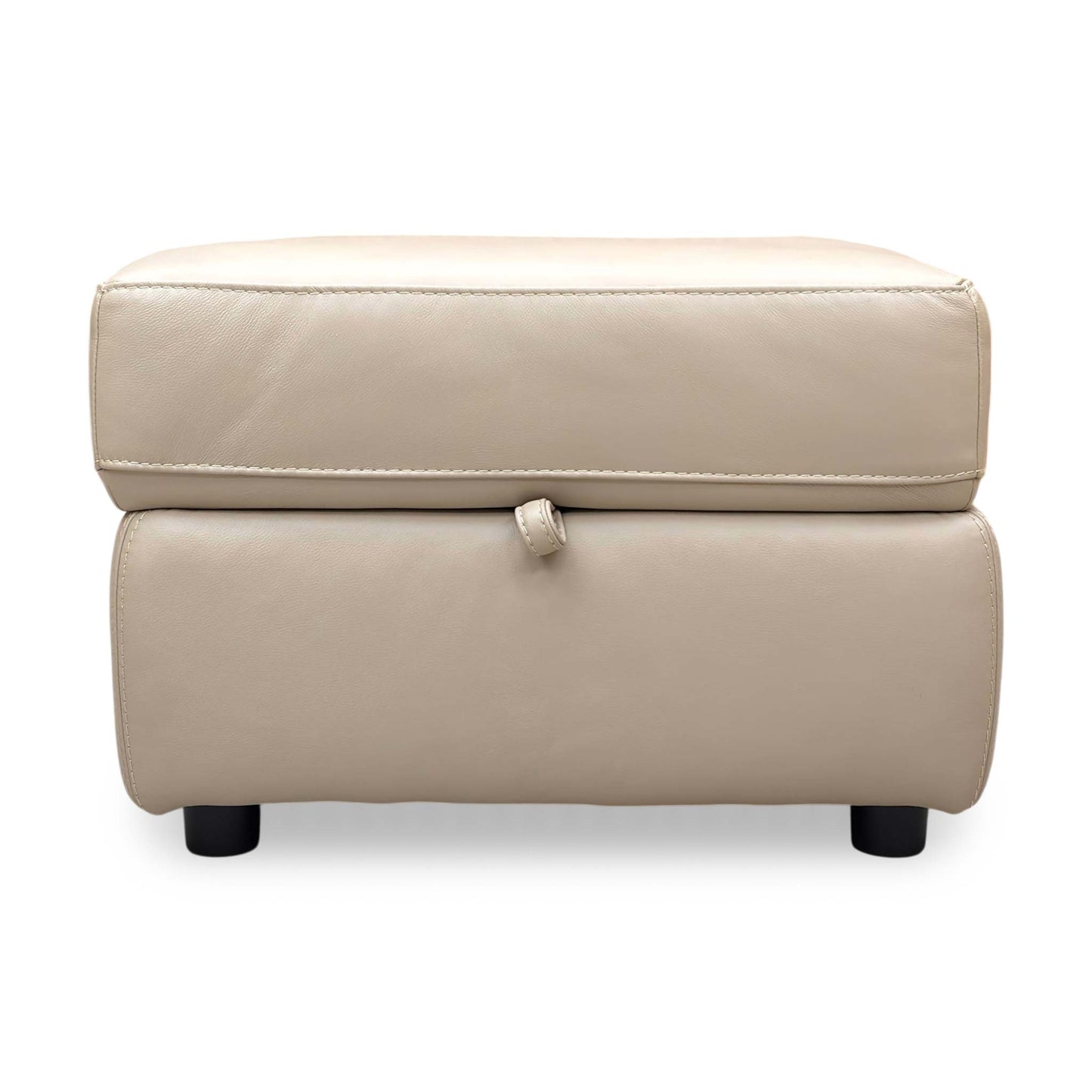 Front view of the leather footstool, showing the thick cushioned top and clean, versatile design suitable for any decor.