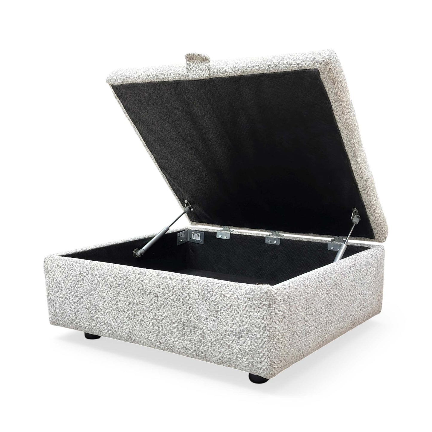 Side view of the Hudson storage stool with the lid open, revealing the spacious internal compartment designed for storing blankets, cushions, or magazines.