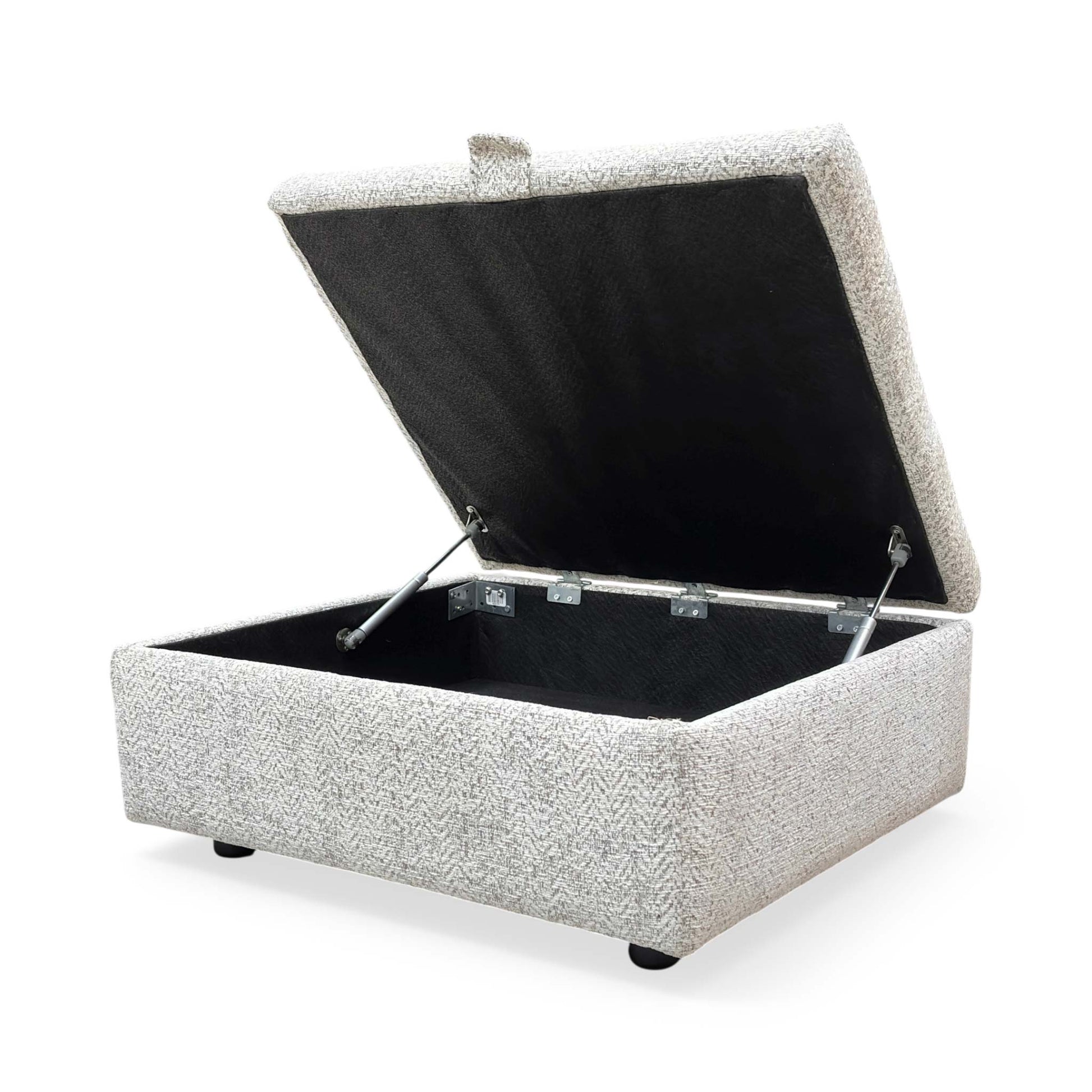 Side view of the Hudson storage stool with the lid open, revealing the spacious internal compartment designed for storing blankets, cushions, or magazines.