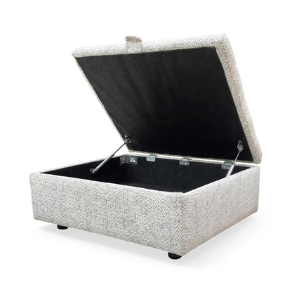 Side view of the Hudson storage stool with the lid open, revealing the spacious internal compartment designed for storing blankets, cushions, or magazines.