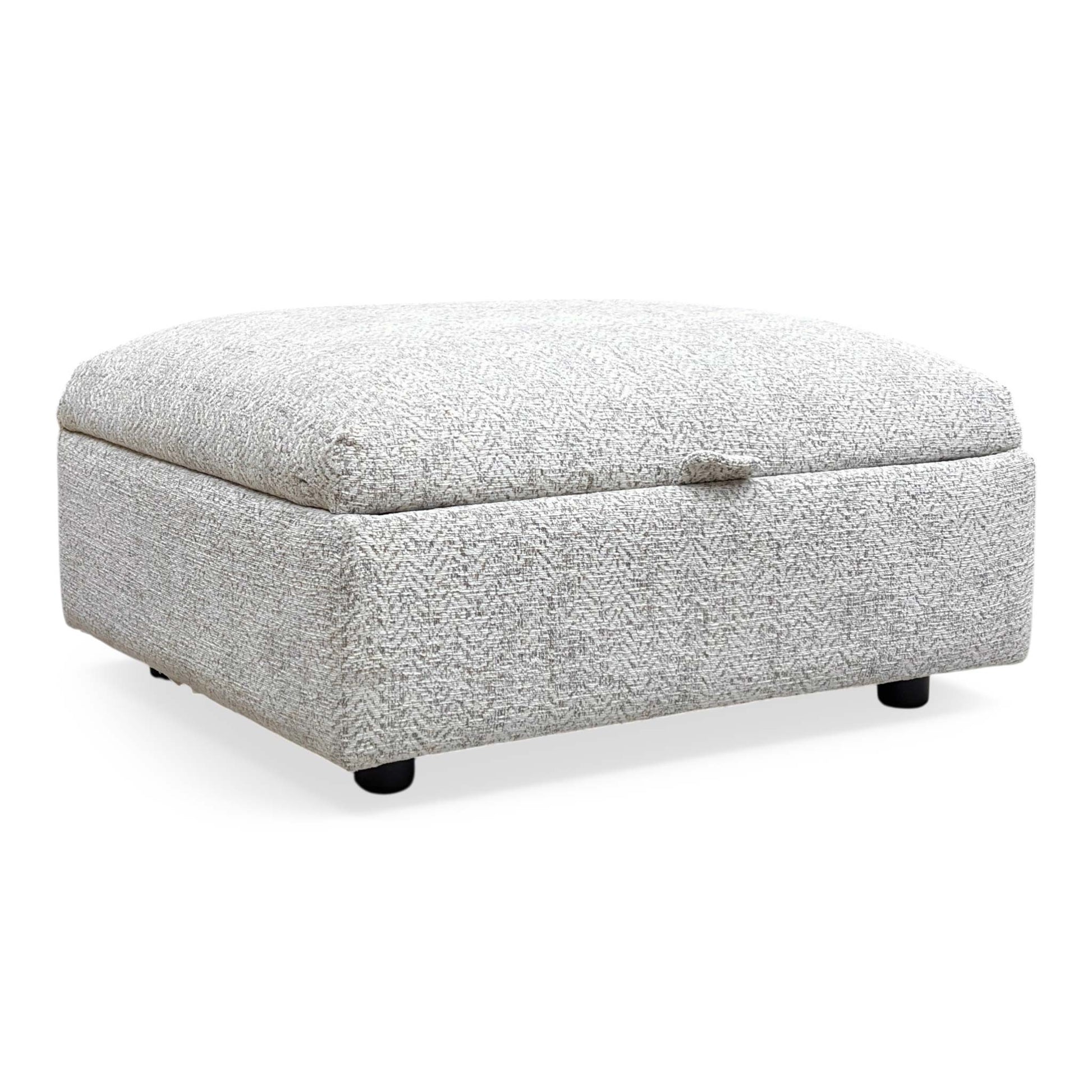 Full view of the Parker Knoll Hudson Storage Stool in Ida Stone fabric, featuring a clean rectangular design with a plush hinged lid and traditional mahogany-finished feet.