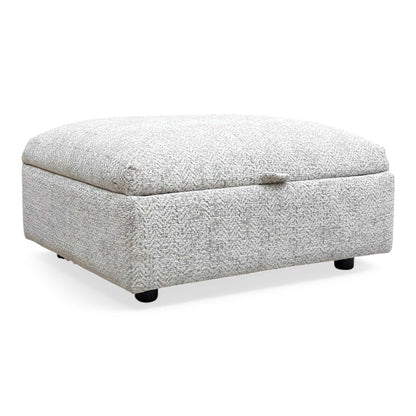 Full view of the Parker Knoll Hudson Storage Stool in Ida Stone fabric, featuring a clean rectangular design with a plush hinged lid and traditional mahogany-finished feet.