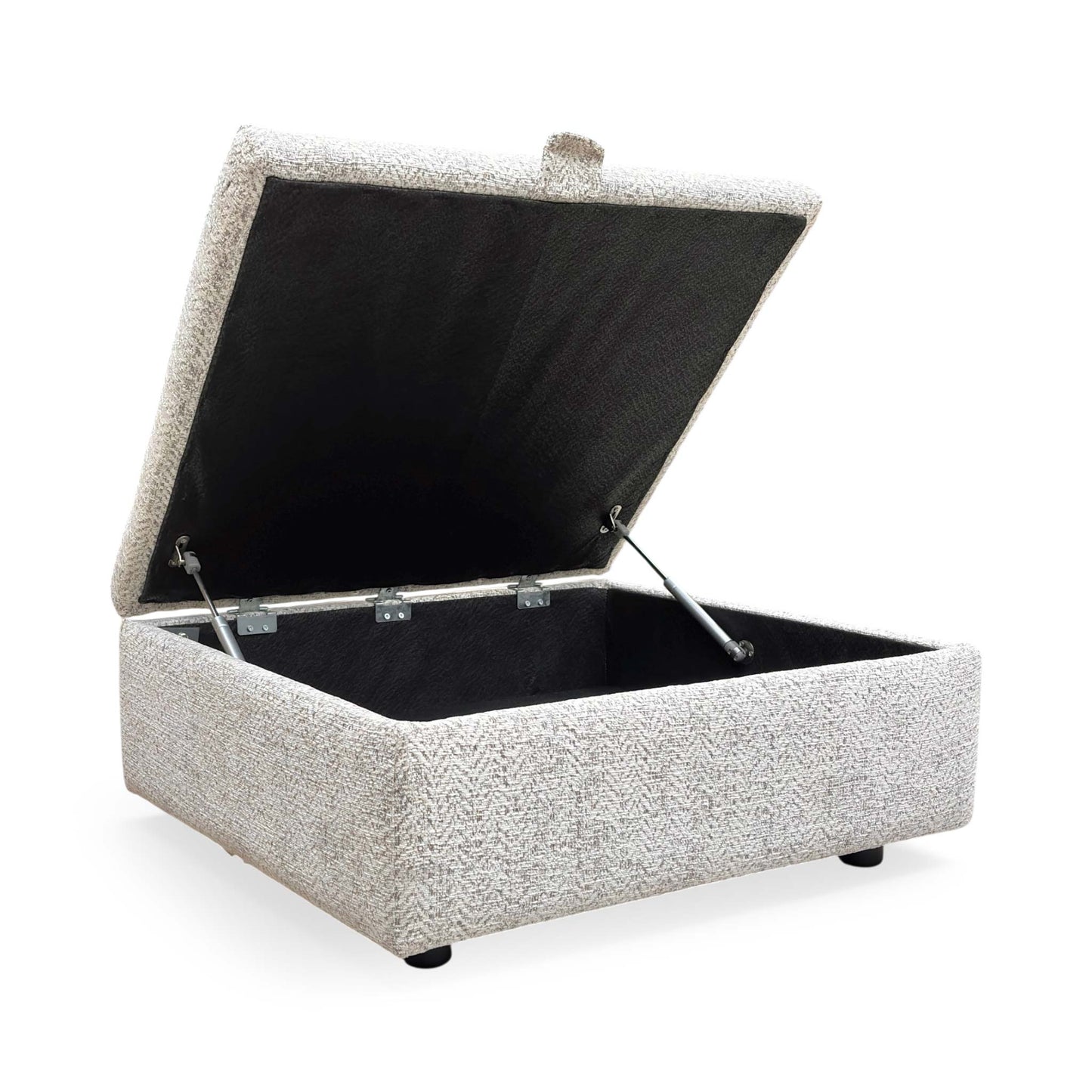Side view of the Hudson storage stool with the lid open, revealing the spacious internal compartment designed for storing blankets, cushions, or magazines.