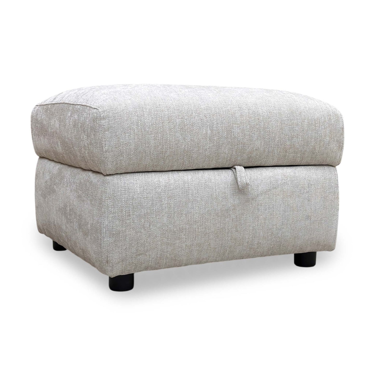 Full view of the 'Hetty' storage footstool in a versatile grey fabric, featuring a clean rectangular design and subtle dark block feet.