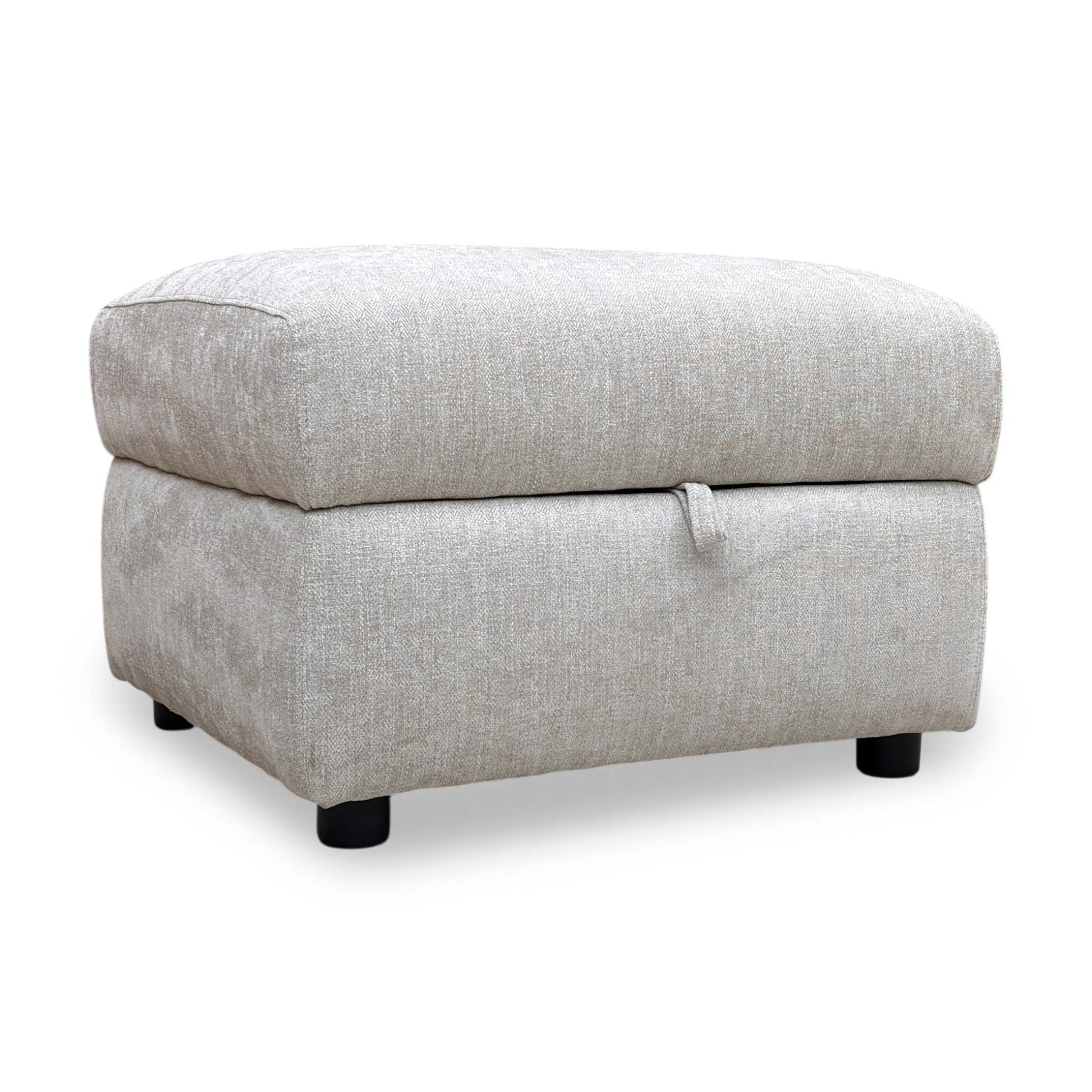 Full view of the 'Hetty' storage footstool in a versatile grey fabric, featuring a clean rectangular design and subtle dark block feet.