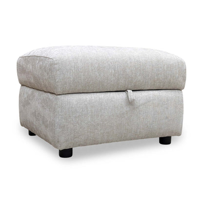 Full view of the 'Hetty' storage footstool in a versatile grey fabric, featuring a clean rectangular design and subtle dark block feet.
