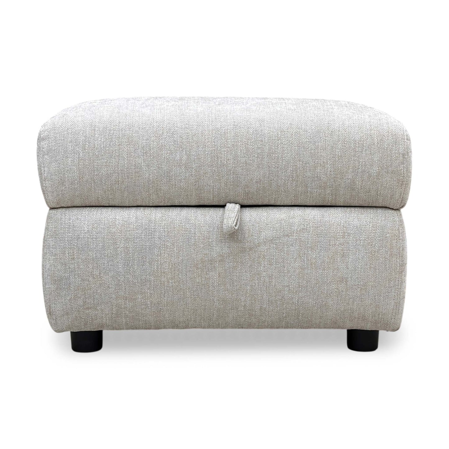 Front profile of the footstool, emphasizing the compact footprint and the practical height for use as a footrest or extra seat.