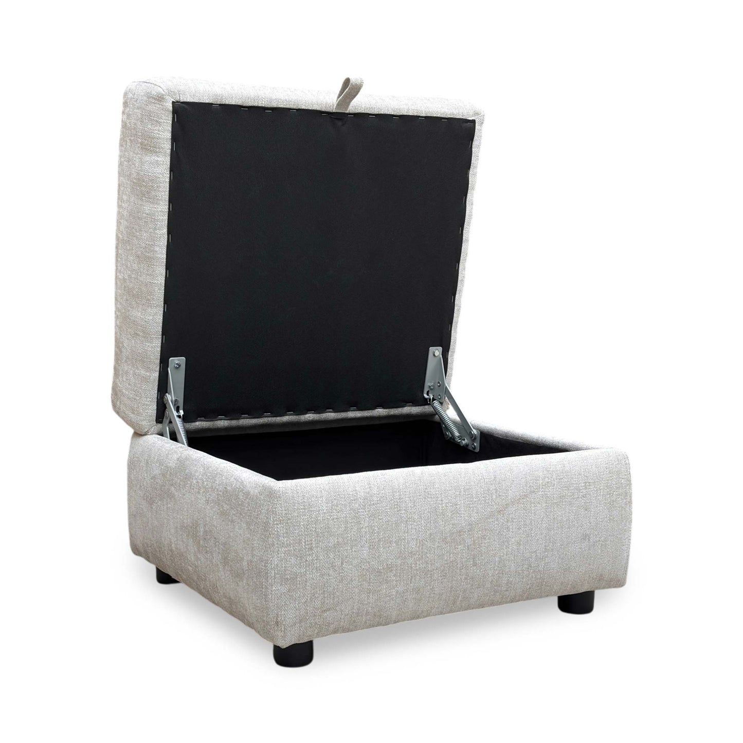 Open lid view of the ‘Hetty’ Grey Fabric Storage Footstool, demonstrating the smooth opening mechanism and the depth of the storage area.