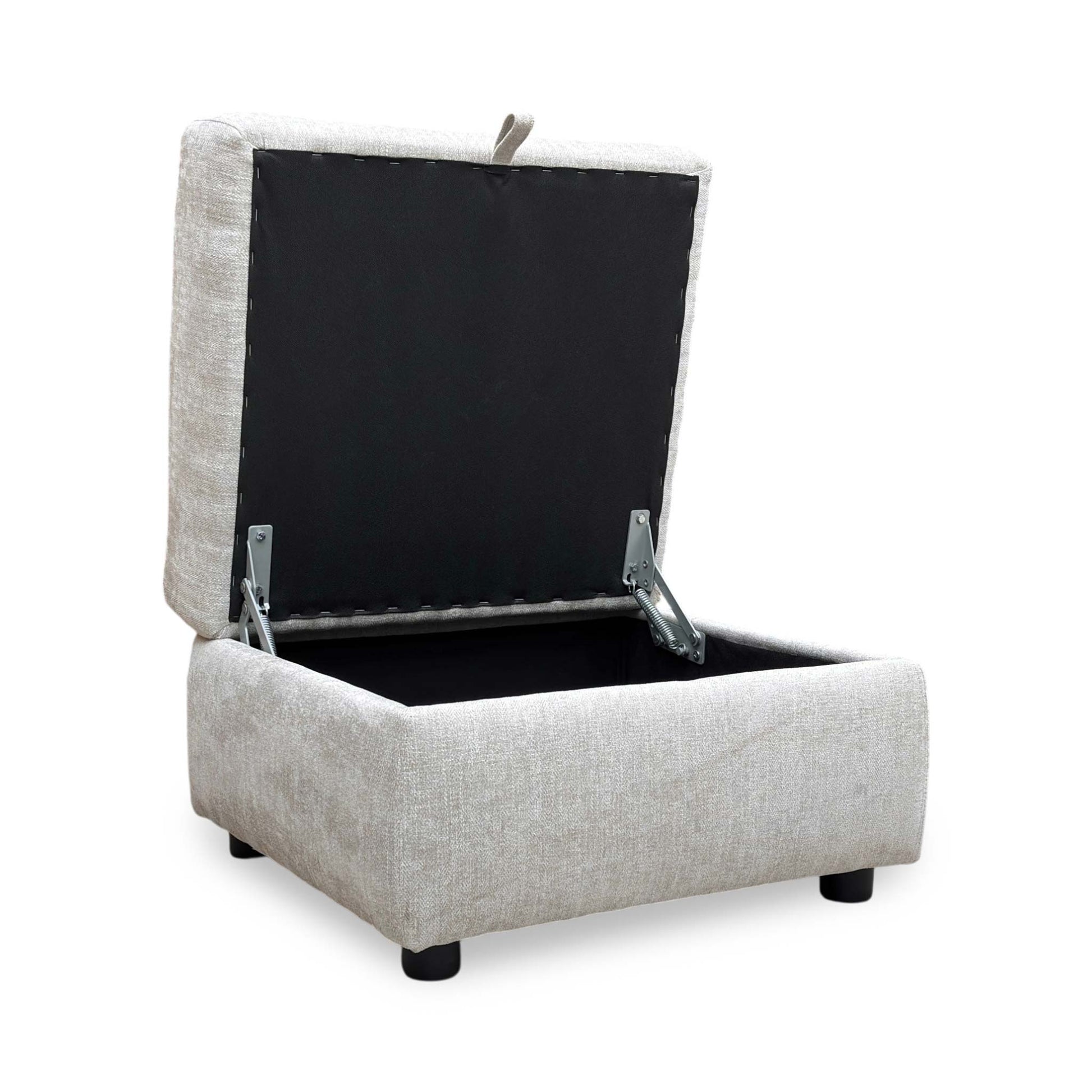 Open lid view of the ‘Hetty’ Grey Fabric Storage Footstool, demonstrating the smooth opening mechanism and the depth of the storage area.