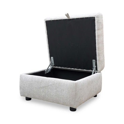 Open lid view of the ‘Hetty’ Grey Fabric Storage Footstool, demonstrating the smooth opening mechanism and the depth of the storage area.