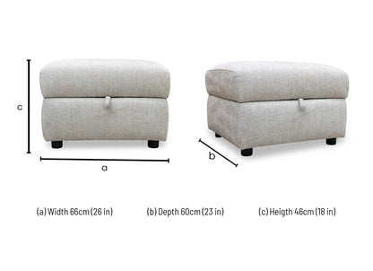 Technical dimension diagram for the ‘Hetty’ Grey Fabric Storage Footstool: Width 60cm, Depth 50cm, Height 43cm.