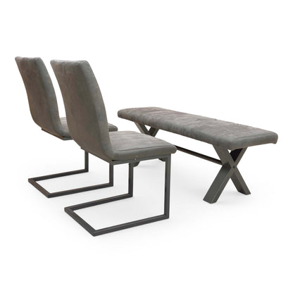 ‘Moon’ Grey Fabric 140cm Dining Bench + 2 Cantilever Dining Chairs