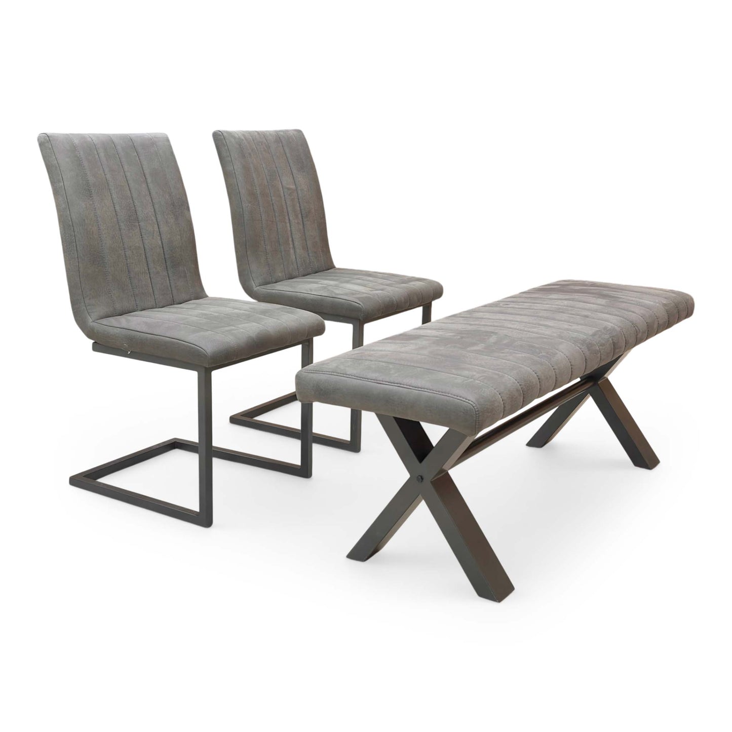 ‘Moon’ Grey Fabric 140cm Dining Bench + 2 Cantilever Dining Chairs