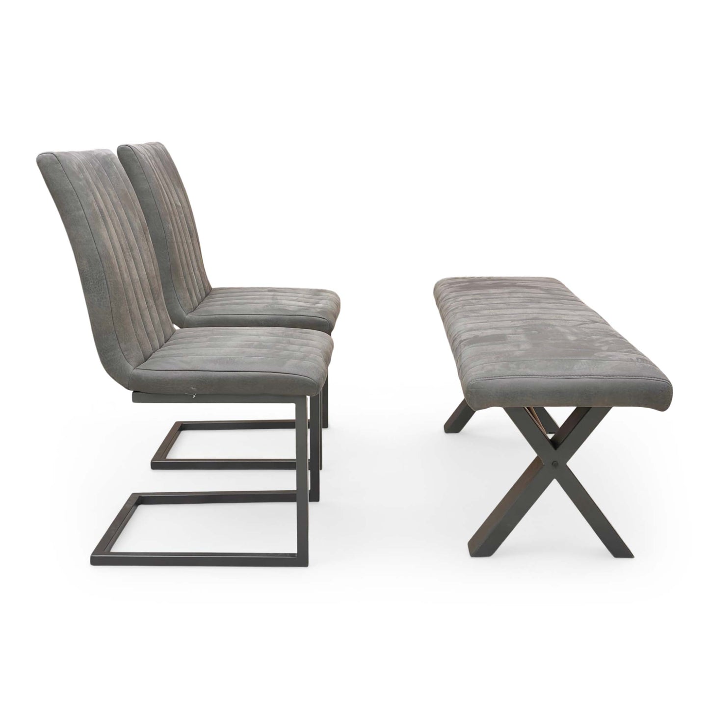 ‘Moon’ Grey Fabric 140cm Dining Bench + 2 Cantilever Dining Chairs