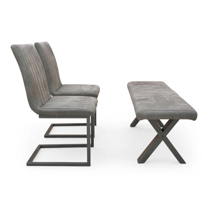 ‘Moon’ Grey Fabric 140cm Dining Bench + 2 Cantilever Dining Chairs