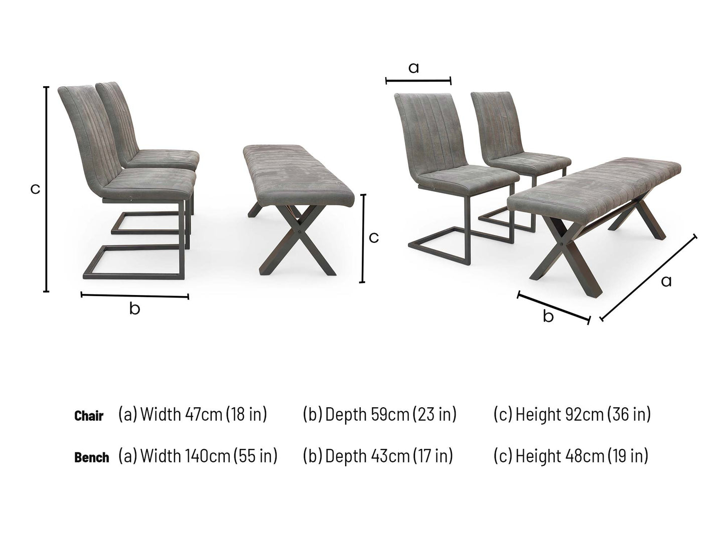 ‘Moon’ Grey Fabric 140cm Dining Bench + 2 Cantilever Dining Chairs