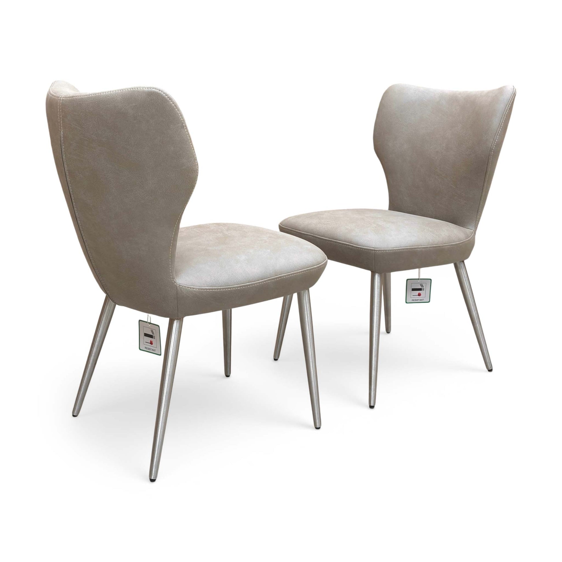 Full view of modern 'Elegante' dining chairs upholstered in taupe suede, featuring clean lines and brushed stainless steel legs.