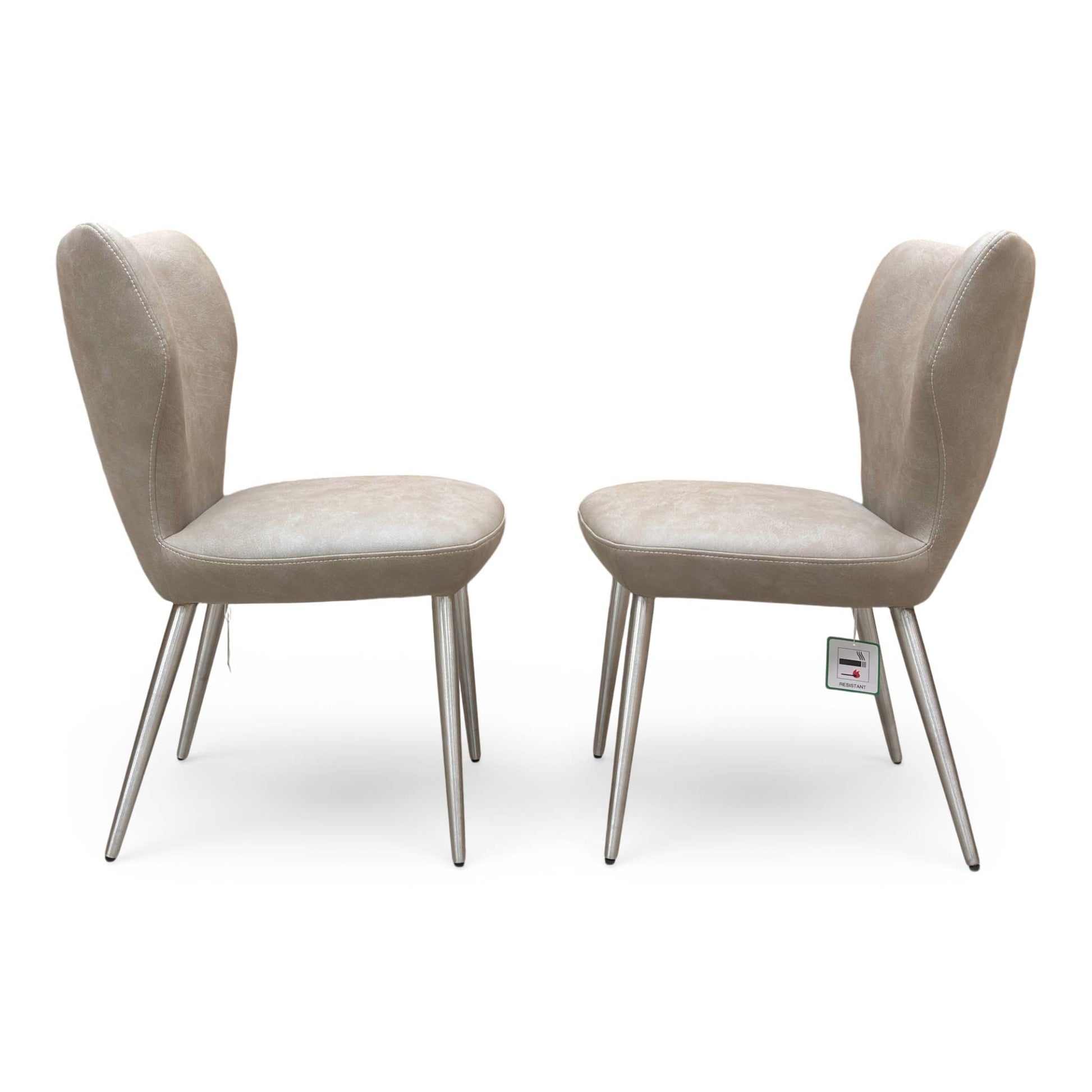 Front view of the Elegante dining chair set, highlighting the sophisticated taupe fabric and contemporary design suitable for modern dining rooms.
