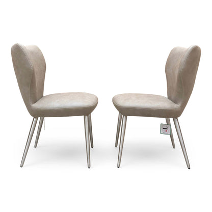 Front view of the Elegante dining chair set, highlighting the sophisticated taupe fabric and contemporary design suitable for modern dining rooms.