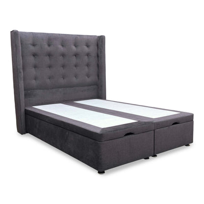 Full view of the Artisian Collection 'Onyx' Double bed, featuring a high floor-standing headboard in Smokey Quartz fabric and an ottoman divan base.