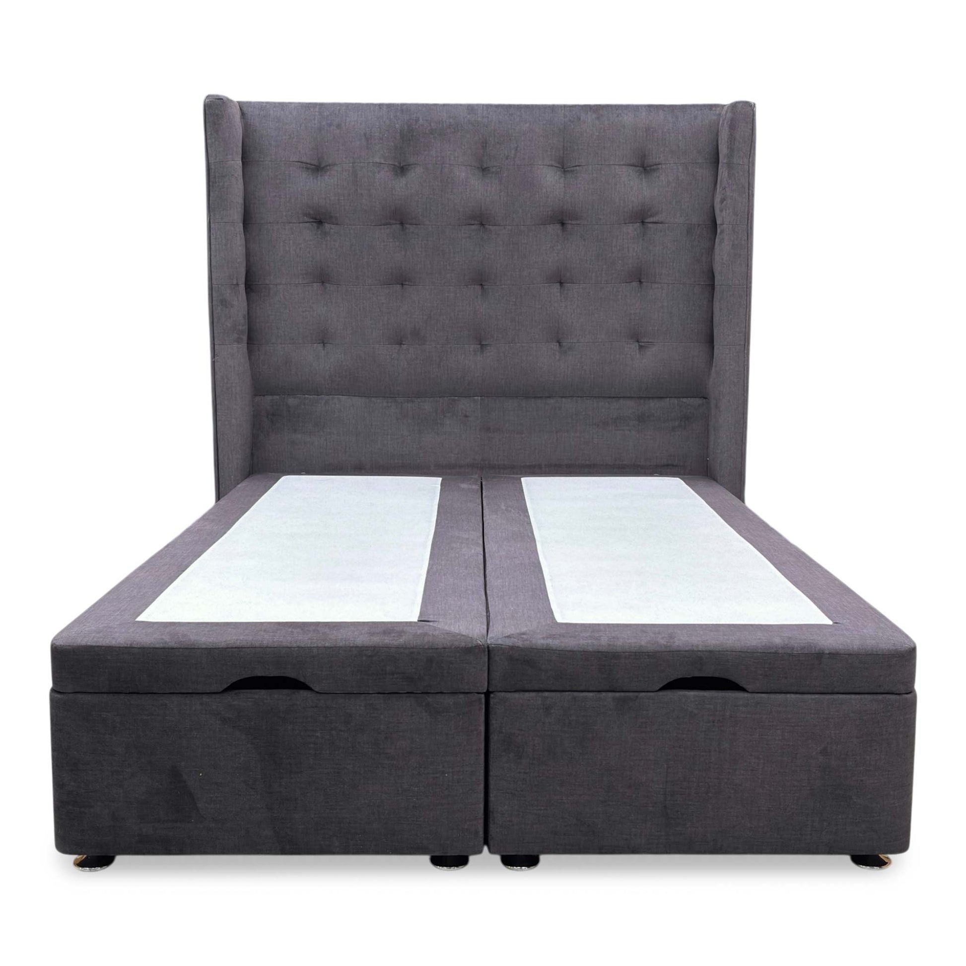 Front view of the Artisian Collection 'Onyx' Double bed, featuring a high floor-standing headboard in Smokey Quartz fabric and an ottoman divan base.