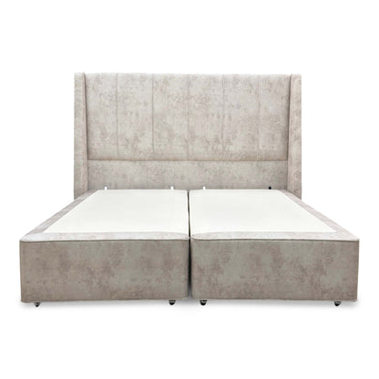 Front view of the Super King 'Longwick' bed, featuring a floor-standing headboard in Dapple Stone velvet and a Hypnos divan base.