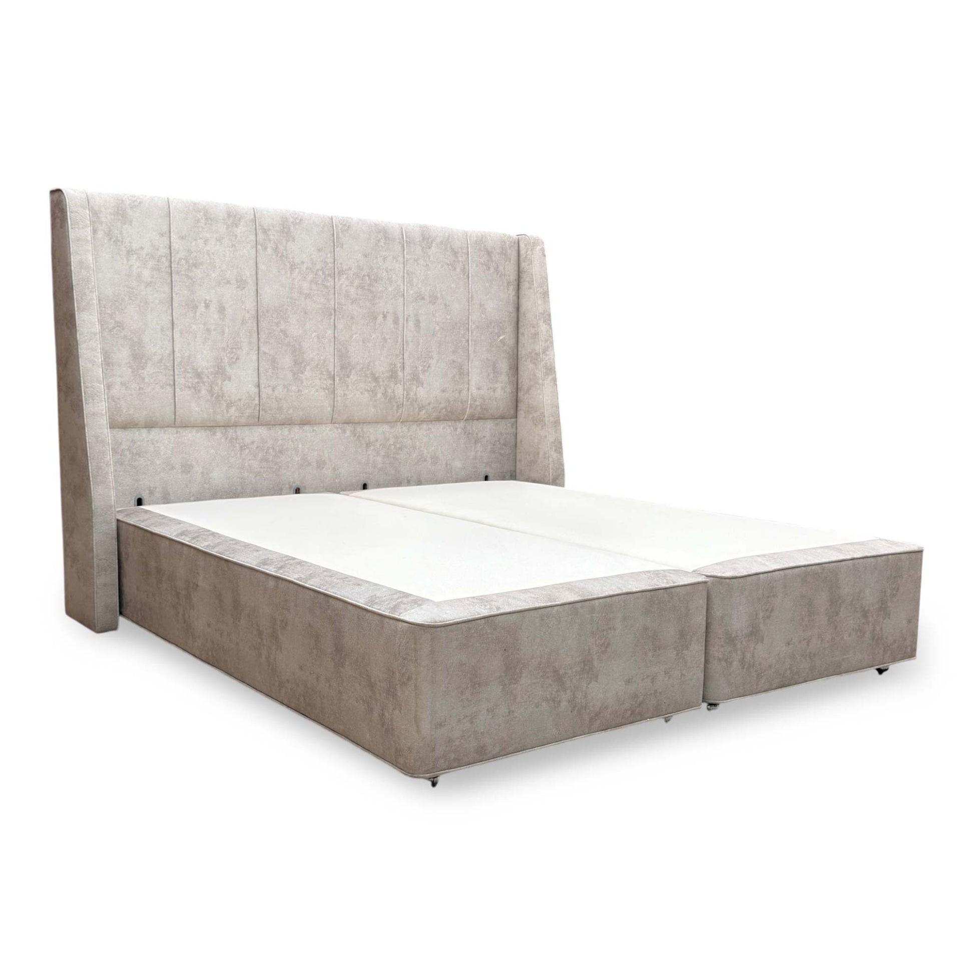 Full view of the Super King 'Longwick' bed, featuring a floor-standing headboard in Dapple Stone velvet and a Hypnos divan base.