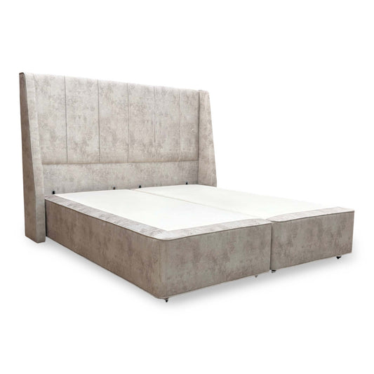 Full view of the Super King 'Longwick' bed, featuring a floor-standing headboard in Dapple Stone velvet and a Hypnos divan base.