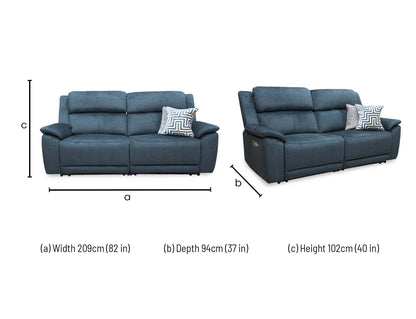 'Utah' Giula Dark Blue Velvet 3 Seater Power Recliner Sofa with Power Headrests Power Lumbar and Heated Seats