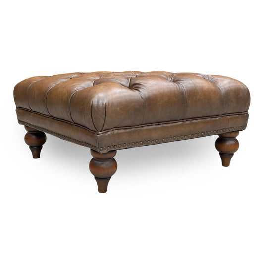 At The Helm 'Shackleton' X3y1-1981ls Saddle Leather Square Footstool with Turned Feet