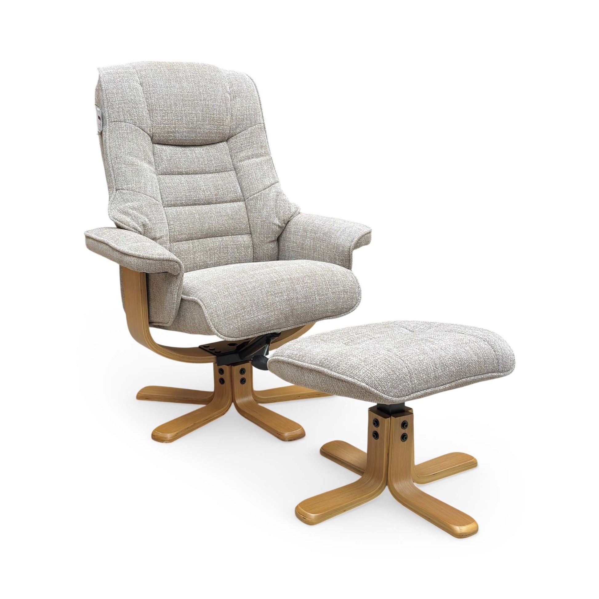 Full view of the Riga swivel chair and matching footstool in Chacha Oat textured fabric, featuring a modern rounded silhouette and black swivel base.