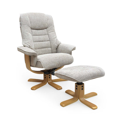 Full view of the Riga swivel chair and matching footstool in Chacha Oat textured fabric, featuring a modern rounded silhouette and black swivel base.