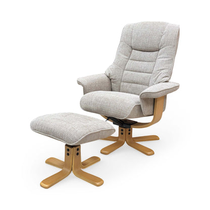 Side profile of the Riga chair, emphasizing the elegant curved backrest and the minimalist profile of the metal swivel base.